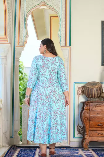 Women'S Stretchable Maternity Wear Plus Size Floral Printed Anarkali Dress (Sky Blue)