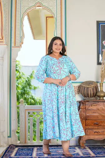 Women'S Stretchable Maternity Wear Plus Size Floral Printed Anarkali Dress (Sky Blue)