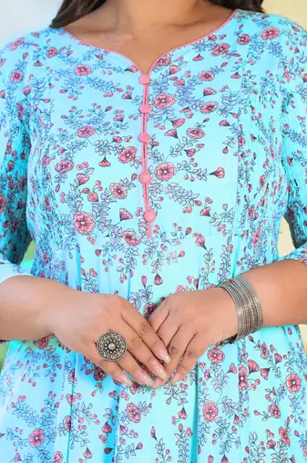 Women'S Stretchable Maternity Wear Plus Size Floral Printed Anarkali Dress (Sky Blue)