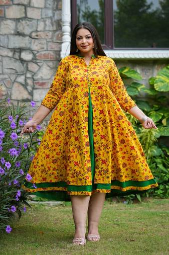 Women'S Stretchable Plus Size Maternity Wear Floral Printed Anarkali Dress (Mustard)