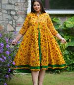 Women'S Stretchable Plus Size Maternity Wear Floral Printed Anarkali Dress (Mustard)