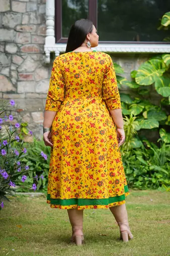 Women'S Stretchable Plus Size Maternity Wear Floral Printed Anarkali Dress (Mustard)