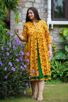 Women'S Stretchable Plus Size Maternity Wear Floral Printed Anarkali Dress (Mustard) 3