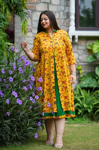 Women'S Stretchable Plus Size Maternity Wear Floral Printed Anarkali Dress (Mustard)