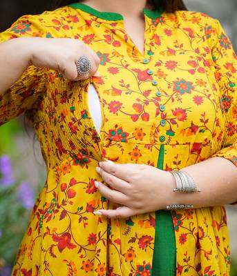 Women'S Stretchable Plus Size Maternity Wear Floral Printed Anarkali Dress (Mustard) 5