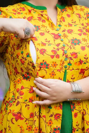 Women'S Stretchable Plus Size Maternity Wear Floral Printed Anarkali Dress (Mustard)