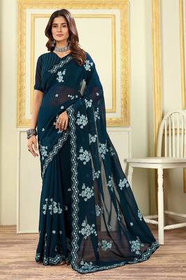 Patlani Style Stylist Georgette Floral Embroidery Saree With Unstitched Blouse 1
