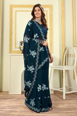 Patlani Style Stylist Georgette Floral Embroidery Saree With Unstitched Blouse 2
