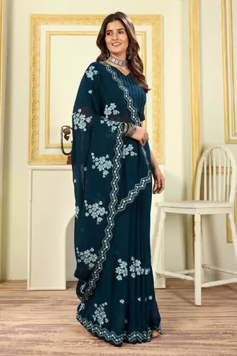 Patlani Style Stylist Georgette Floral Embroidery Saree With Unstitched Blouse