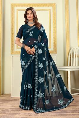 Patlani Style Stylist Georgette Floral Embroidery Saree With Unstitched Blouse 3