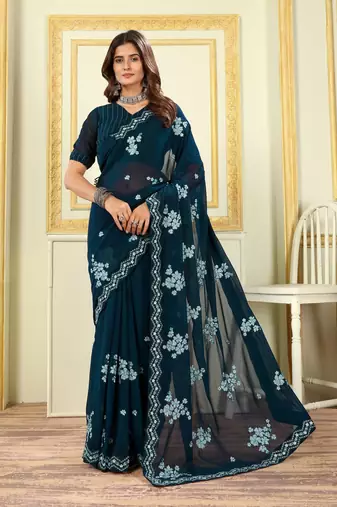 Patlani Style Stylist Georgette Floral Embroidery Saree With Unstitched Blouse