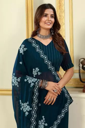 Patlani Style Stylist Georgette Floral Embroidery Saree With Unstitched Blouse