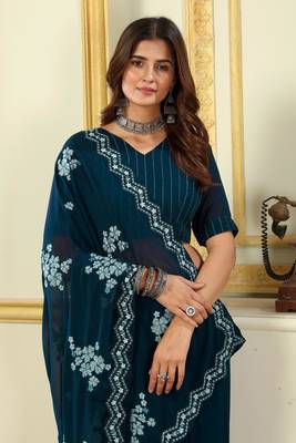 Patlani Style Stylist Georgette Floral Embroidery Saree With Unstitched Blouse 5