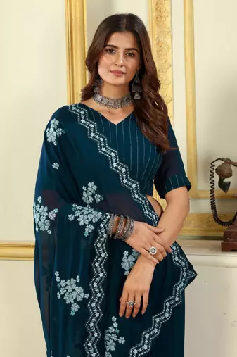 Patlani Style Stylist Georgette Floral Embroidery Saree With Unstitched Blouse