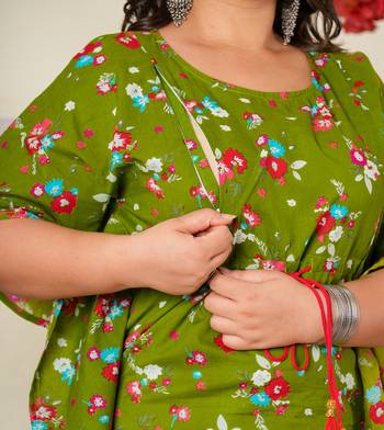 Women'S Plus Size Cotton Floral Printed Maternity Wear Kaftan (Green) 5