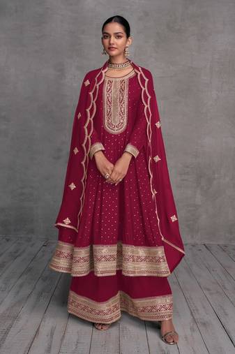 Pink Embroidered Georgette  Anarkali Palazzo Suit Free size full stitched Up To 42" Size