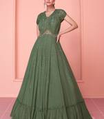 Green Embroidered Chinnon Free Size Stitched Gown (Size Upto 42) Free size full stitched Up To 42" Size