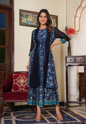 Women'S Floral Printed Flared Anarkali Dress With Jacket (Blue) 1