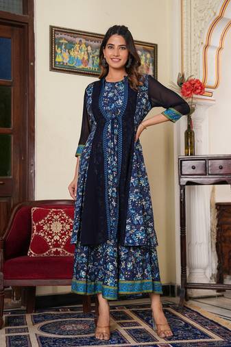 Women'S Floral Printed Flared Anarkali Dress With Jacket (Blue)