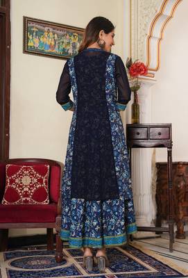 Women'S Floral Printed Flared Anarkali Dress With Jacket (Blue) 2