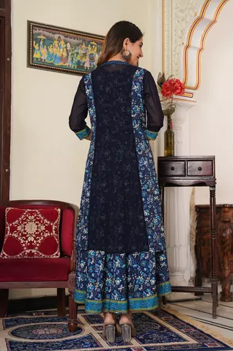 Women'S Floral Printed Flared Anarkali Dress With Jacket (Blue)
