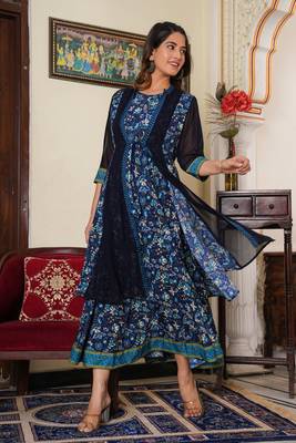 Women'S Floral Printed Flared Anarkali Dress With Jacket (Blue) 3