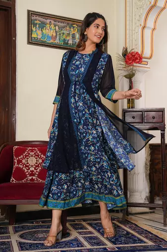 Women'S Floral Printed Flared Anarkali Dress With Jacket (Blue)