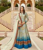 Multicolor Printed Dola Jacquard Free Size Stitched Gown Suit. (Size Upto 42) Free size full stitched Up To 42" Size