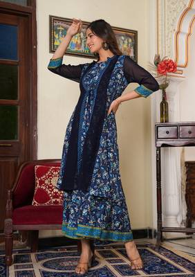 Women'S Floral Printed Flared Anarkali Dress With Jacket (Blue) 4
