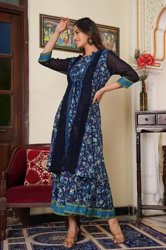 Women'S Floral Printed Flared Anarkali Dress With Jacket (Blue)