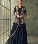 Blue Embroidered Chinnon Free Size Stitched Gown Suit. (Size Upto 42) Up To 42 Size