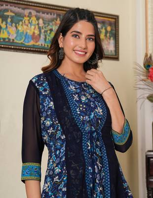 Women'S Floral Printed Flared Anarkali Dress With Jacket (Blue) 5