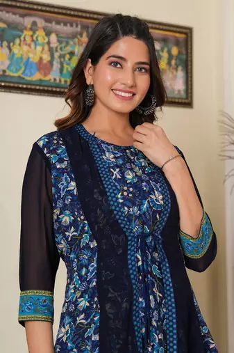 Women'S Floral Printed Flared Anarkali Dress With Jacket (Blue)