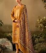 Mustard Embroidered Banarasi Silk  Straight Pant Suit. Free size full stitched Up To 42" Size