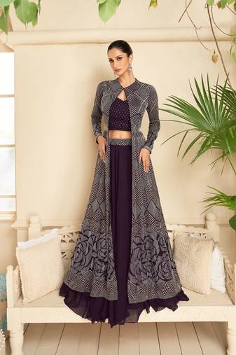 Purple Embroidered Georgette Free Size Stitched Blouse Lehenga Suit. (Size Upto 42) Free size full stitched Up To 42" Size