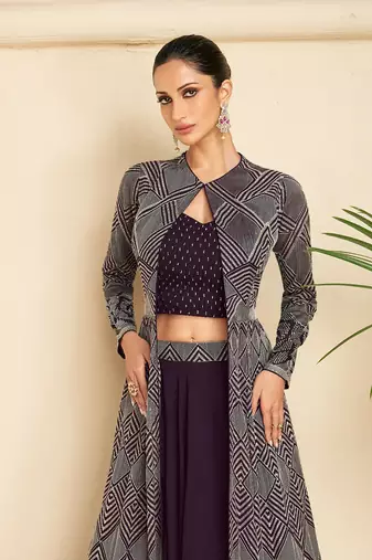Purple Embroidered Georgette Free Size Stitched Blouse  Suit. (Size Upto 42) Free size full stitched Up To 42" Size