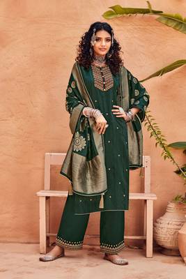 Green Embroidered Art Silk  Straight Plazzo Suit. Free size full stitched Up To 42" Size 1