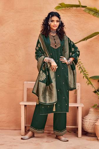 Green Embroidered Art Silk  Straight Plazzo Suit. Free size full stitched Up To 42" Size