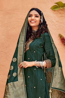 Green Embroidered Art Silk  Straight Plazzo Suit. Free size full stitched Up To 42" Size 2