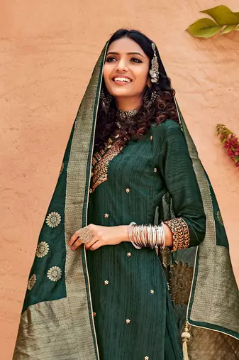 Green Embroidered Art Silk  Straight Plazzo Suit. Free size full stitched Up To 42" Size