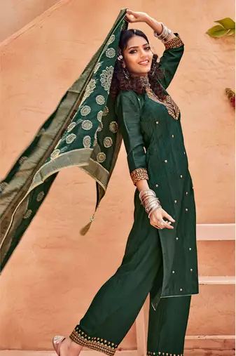 Green Embroidered Art Silk  Straight Plazzo Suit. Free size full stitched Up To 42" Size