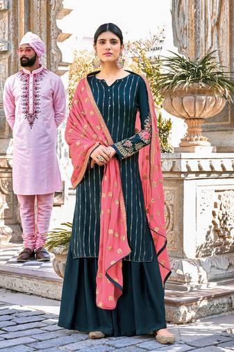 Teal Blue Embroidered Chinnon Semi Stitched Straight Palazzo Suit. Up To 42" Size