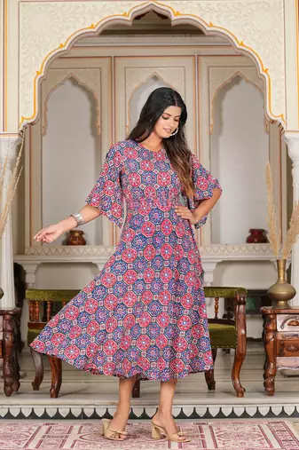 Women'S Multi Floral Printed Smoking Anarkali Dress (Multi)