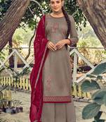 Grey Embroidered Cotton Straight Plazzo Suit. Free size full stitched Up To 42" Size