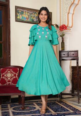 Women'S Viscose Embroidered Anarkali Ethnic Dress (Green) 1