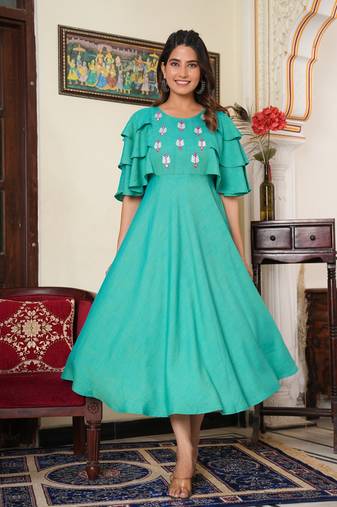 Women'S Viscose Embroidered Anarkali Ethnic Dress (Green)