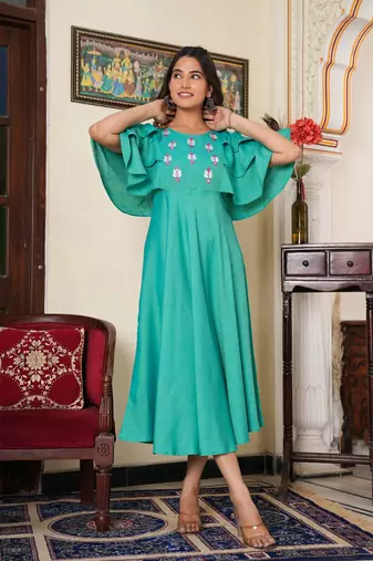 Women'S Viscose Embroidered Anarkali Ethnic Dress (Green)