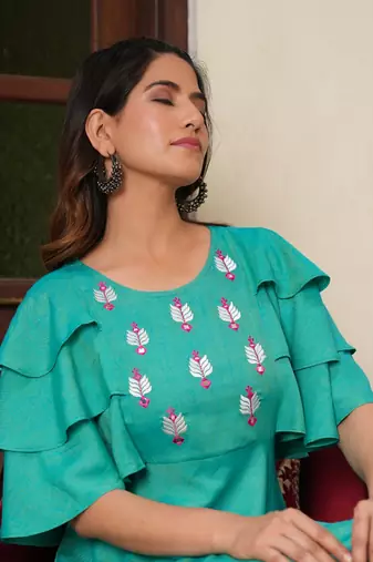 Women'S Viscose Embroidered Anarkali Ethnic Dress (Green)