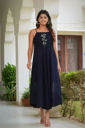 Women'S Smoking Embroidered Georgette Dress (Blue)