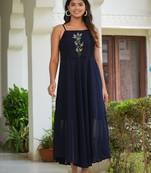 Women'S Smoking Embroidered Georgette Dress (Blue)